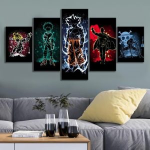 Kit Quadros Decorativos Mosaico 5 Peças Animes Meliodas Goku Boku no Hero Punch Man Nanatsu One Piece Luffy Dragon Ball Z