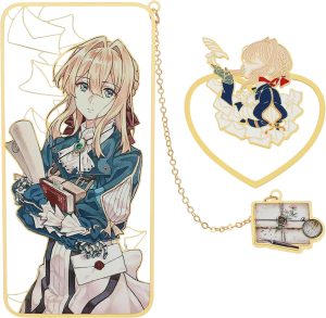 Marcadores de livros Violet Evergarden, figura de anime de metal para amantes de livros, materiais de leitura de livros novos, acessórios para livros, presentes criativos para fãs (conjunto de 2