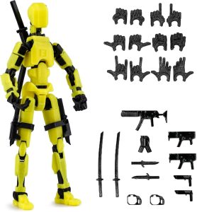Outgoto Pre-Assembly 3D Printed 5.54'' Dummy13 Action Figure, Multi-Jointed Tian13, Articulated T13 Desktop Decoration,12 in 1 Accessories, Best Birthday Festival Gift (Yellow)