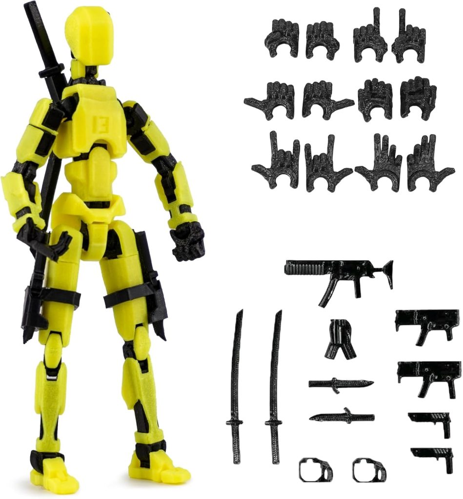 Outgoto Pre-Assembly 3D Printed 5.54'' Dummy13 Action Figure, Multi-Jointed Tian13, Articulated T13 Desktop Decoration,12 in 1 Accessories, Best Birthday Festival Gift (Yellow)