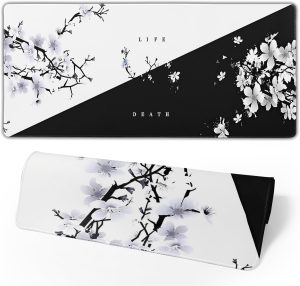 Tapete de teclado japonês Life Death, mouse pad de jogos de anime japonês preto e branco para mesa com base de borracha antiderrapante e bordas costuradas, mouse pad japonês Sakura Pagoda Sun