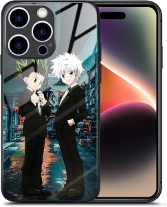 Capa de vidro de silicone Killua and Gon HxH Anime com arte exclusiva - Capa de telefone preta com personagem de mangá, vidro temperado para iPhone 16 Pro Max