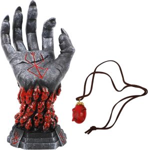 Estátua Berserk Hand of God, anime esqueleto mão diabo com colar Behelit, ornamento de mão de diabo de caveira de resina para decoração interna e exterior e Halloween