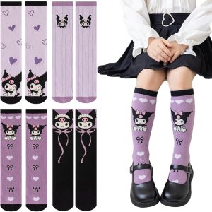 4 pares de meias até o joelho para meninas, lindas meias longas de algodão kawaii, meias longas de anime ao ar livre, meias espessas acima do joelho para mulheres, Multicor, 5-6 Years