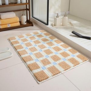 GIB Tapete de banheiro xadrez marrom 81 cm x 50 cm, detalhes azuis, extra macio, absorvente, antiderrapante, lavável, tapete de banho de microfibra felpudo, tapete estetico para quarto